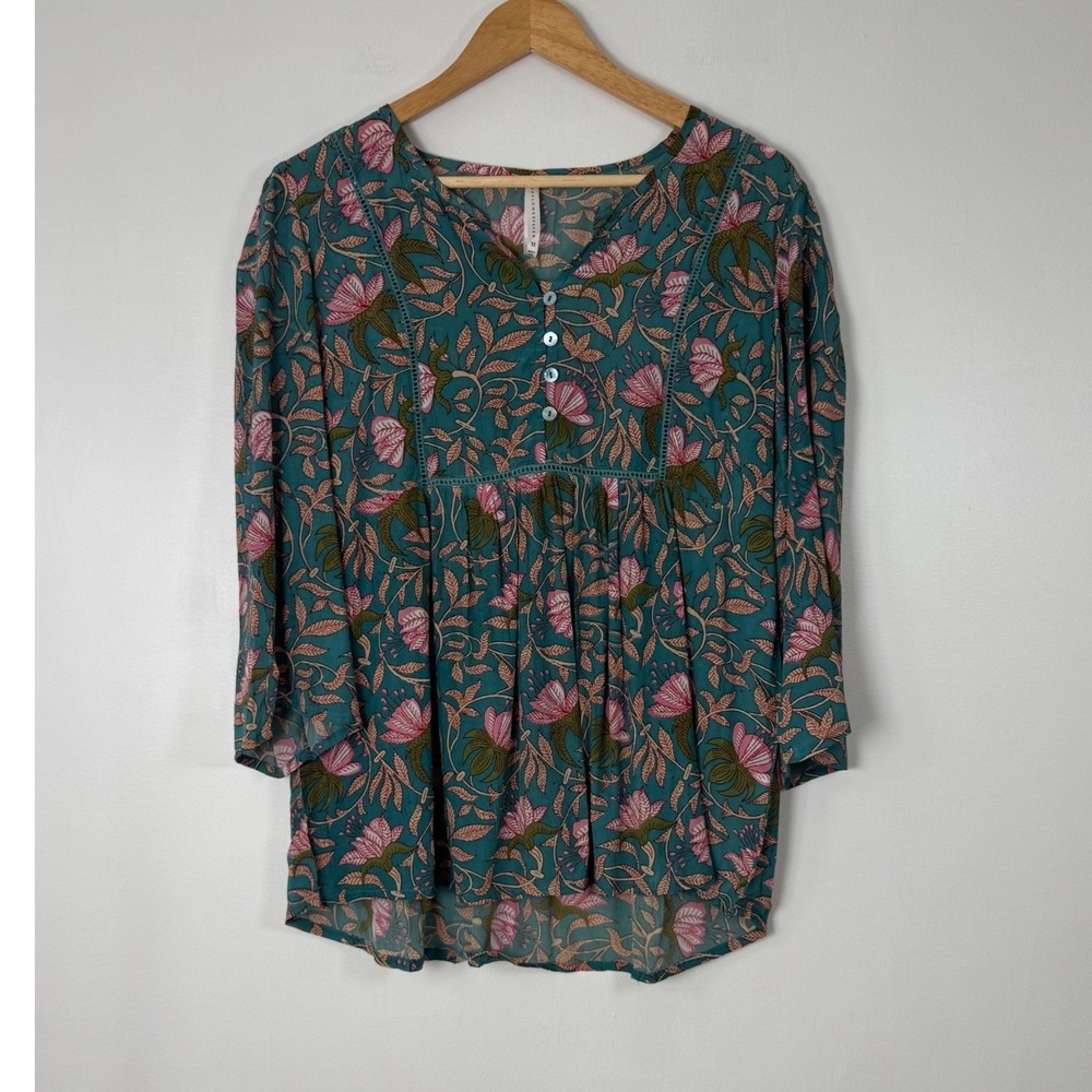 Boho Rockflowerpaper Womens Medium Tunic Top Teal Floral Lace Henley 3/4 Sleeve